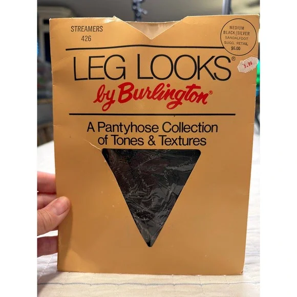 Vintage Leg Looks by Burlington Streamers 426 Pantyhose Black Silver Medium USA