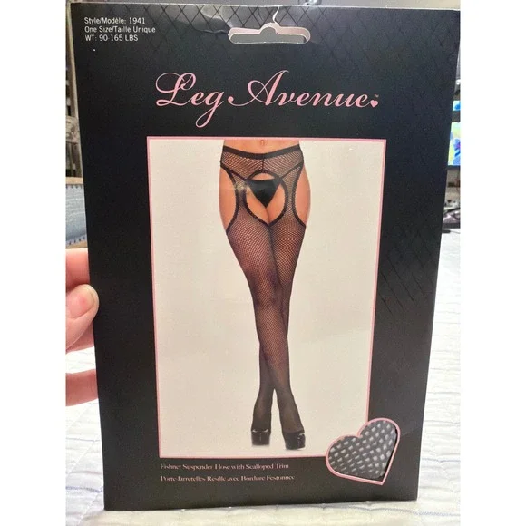 Leg Avenue 1941 Black Fishnet Suspender Hose Scalloped Trim One Size NIB