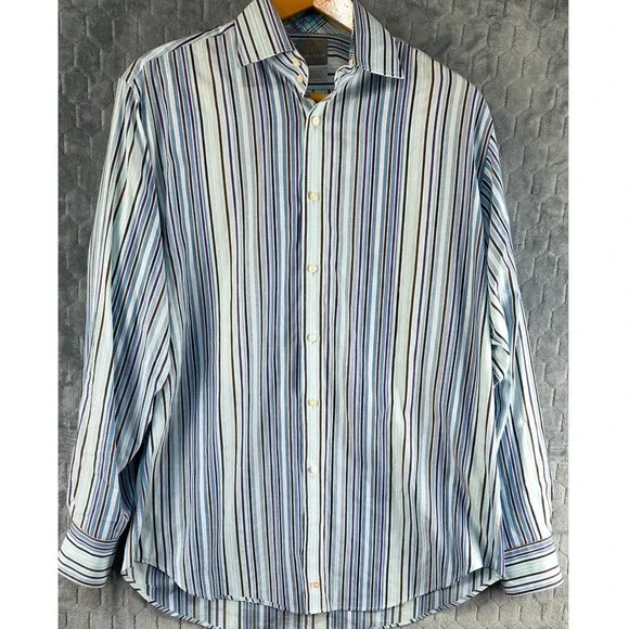 Thomas Dean Mens XL‎ Long Sleeve Button Down Shirt Blue Purple Striped Cotton