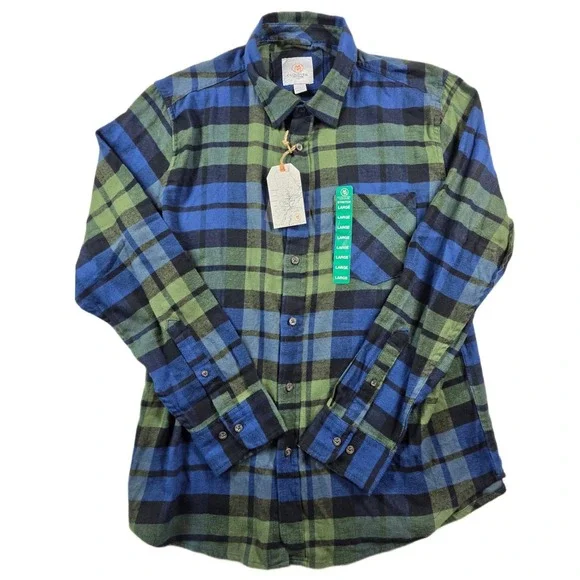 Cloudveil Flannel Shirt Mens Large Navy Green Cotton Stretch Plaid CVF22WT11