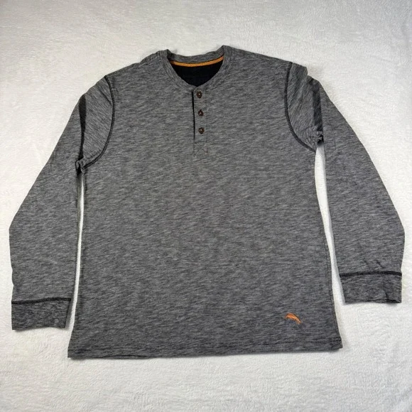 Tommy Bahama Henley Shirt Mens Large Grey Space Dye Long Sleeve Logo Orange Trim