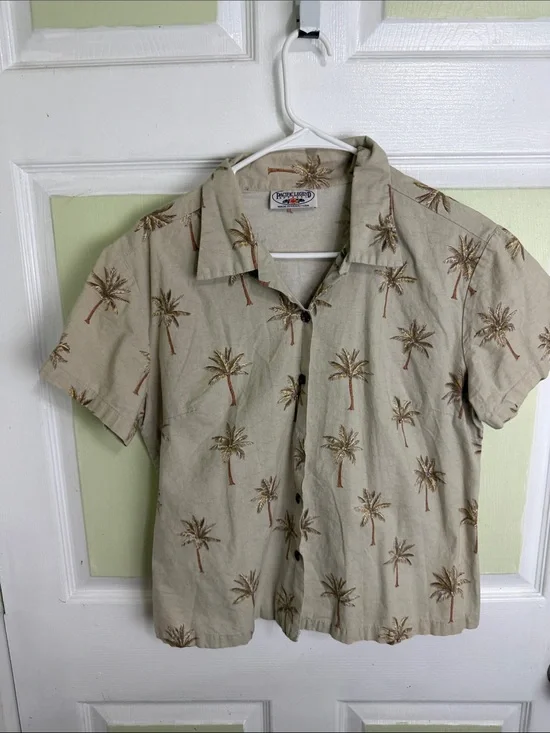 Pendleton Beige Palm-Print Short Sleeve Camp Shirt