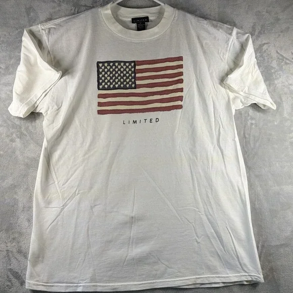 Vintage The‎ Limited USA Flag Hearts Stars Cotton Tee White Made in USA XL