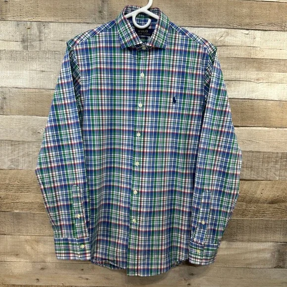 Polo Ralph Lauren Mens Plaid Slim Fit‎ Shirt Blue Green Pink Size M 15.5 Stretch