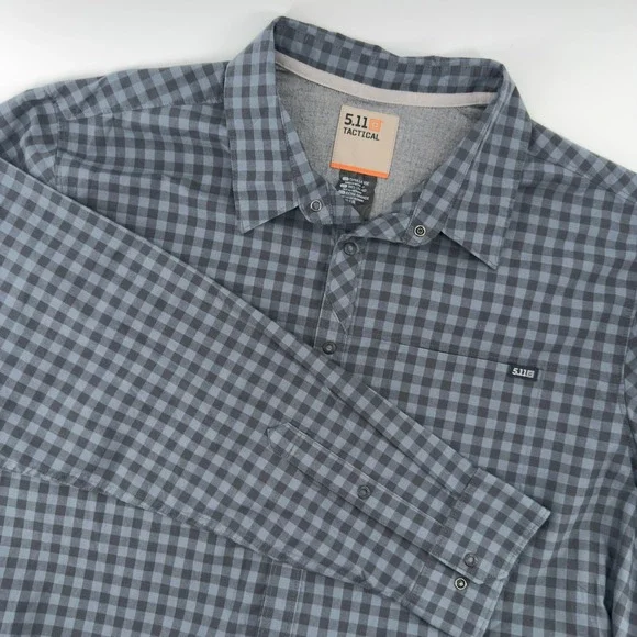 5.11 Tactical Mens XL Grey Gingham Plaid Long Sleeve‎ Snap Front Utility Shirt