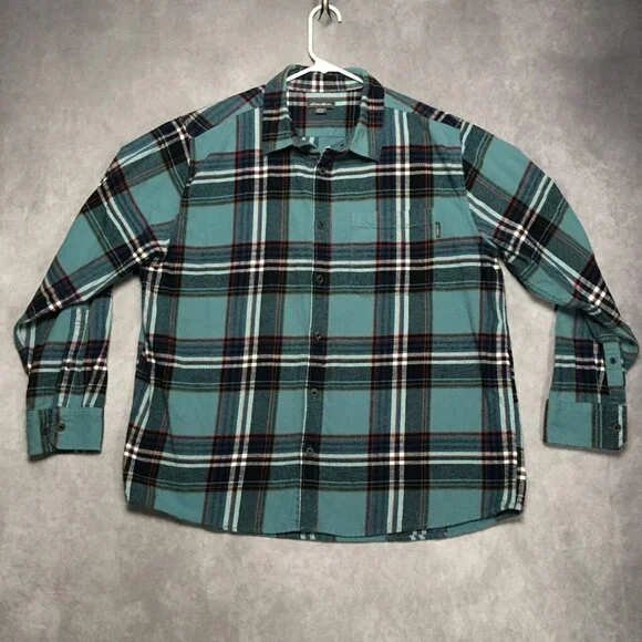 Eddie Bauer Mens Plaid Flannel‎ Shirt size XXL Long Sleeve Button Up Pocket Blue