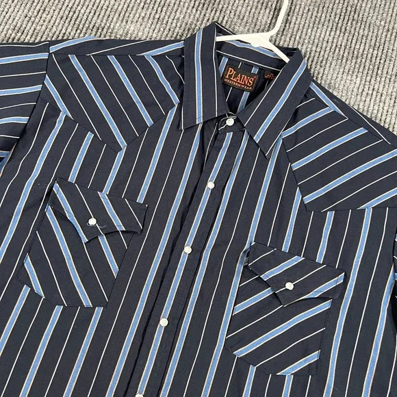 Plains Western Wear Shirt‎ Mens XL Extra Large Blue Striped Short Sleeve Snap