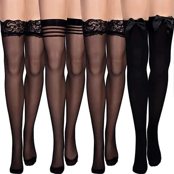 𝅺SILK Thigh High Stockings Women Lace Silicone Socks Satin Bow Top Sexy NWT
