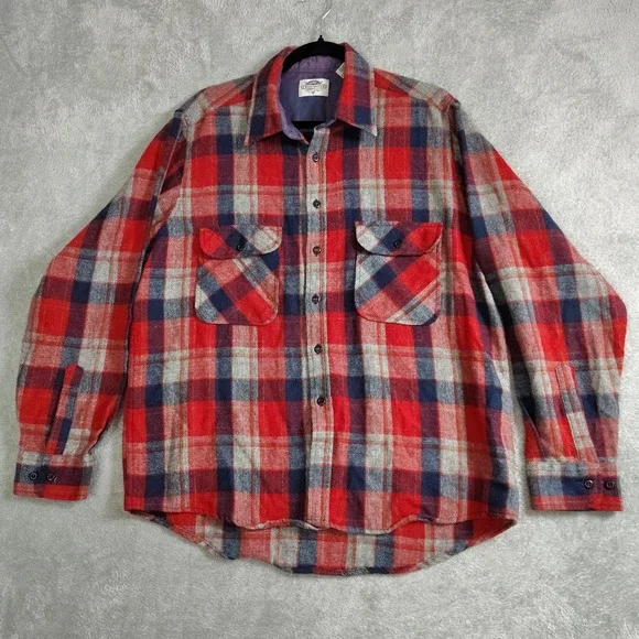 Men's Vintage Wool Blend Flannel Shirt Red Plaid Button Up‎ Lumberjack Gorpcore