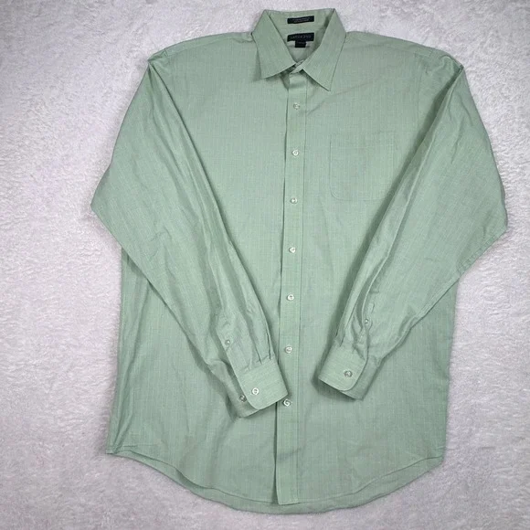 Lands' End Button Down Shirt Mens 17x37 Green Preppy Wrinkle Free Broadcloth