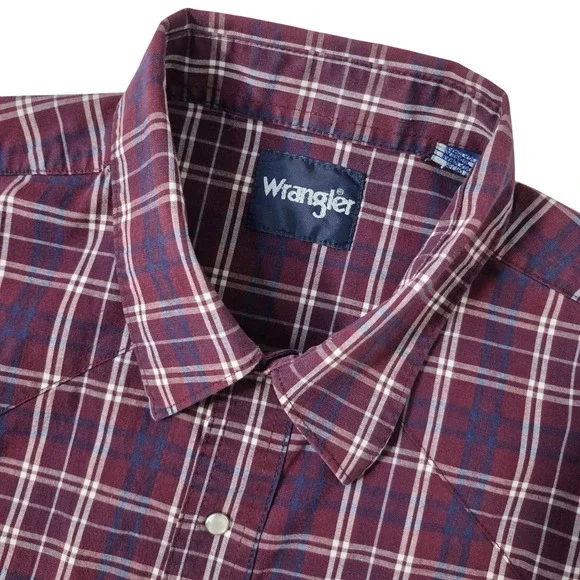 Wrangler Western Shirt Mens‎ 2XLT Burgundy Plaid Pearl Snap Long Sleeve Cowboy