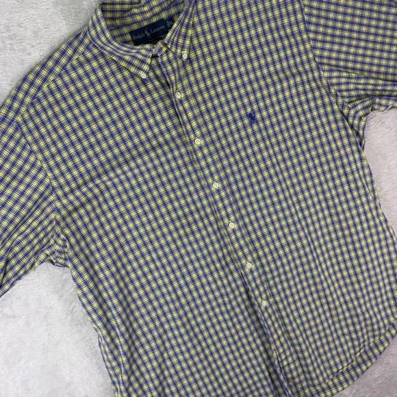 Ralph Lauren Men's Shirt XL Yellow Blue‎ Plaid Short Sleeve Blake Cotton Preppy