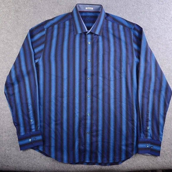 Bugatchi Shirt Mens XL Shaped Fit Blue Black Striped Long Sleeve Button Up