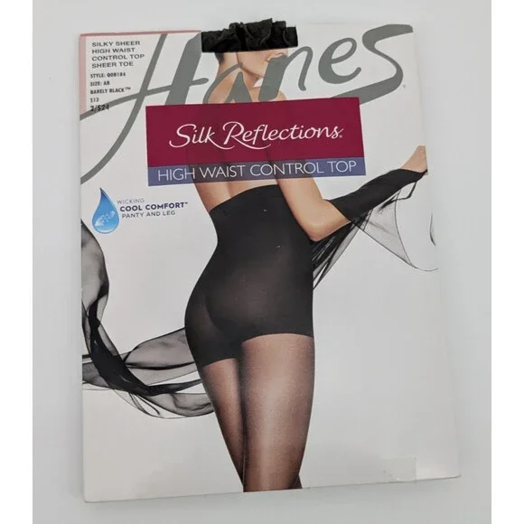 Hanes Silk Reflections Pantyhose Size AB Barely Black Control Top New