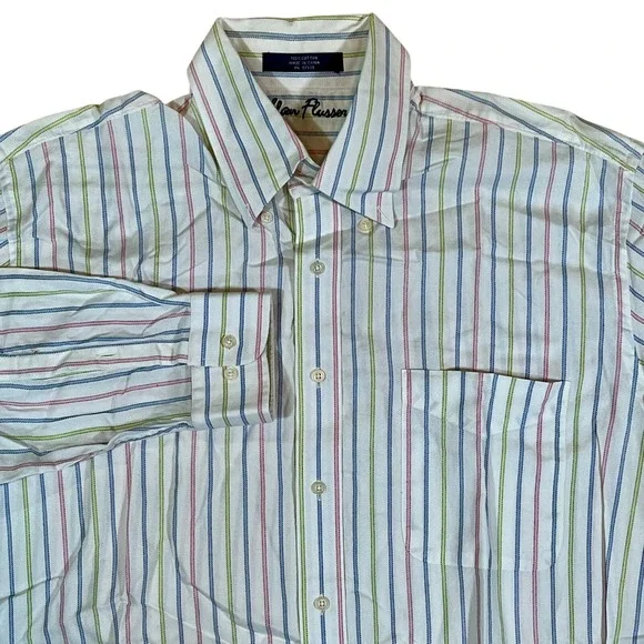 VTG Alan‎ Flusser Long Sleeve Button-Down Shirt White Pastel Stripes Mens Large