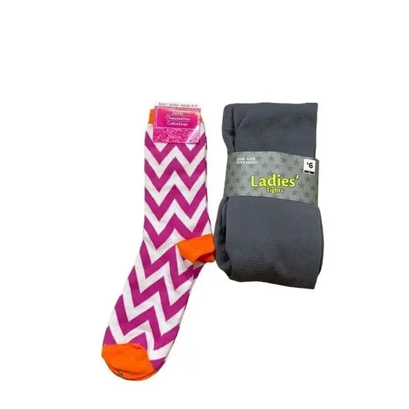 Lot of Ladies Brand New Fleece Lines Grey Tights and Pink‎ and White Socks