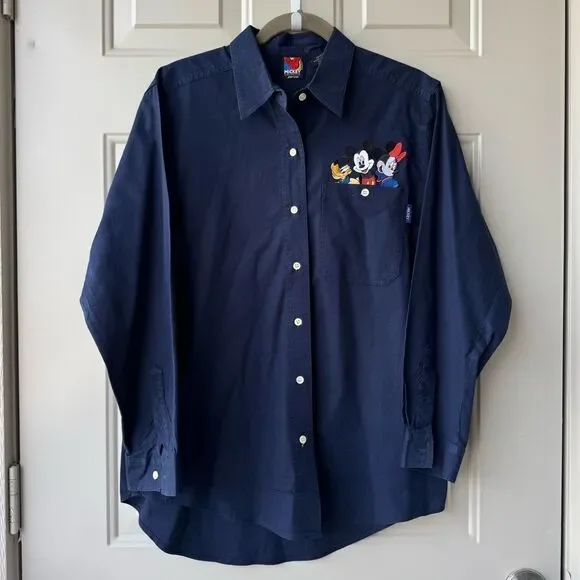 Vtg Mickey Unlimited‎ Button Shirt Sz M Blue Embroidered Mickey & Minnie Pocket