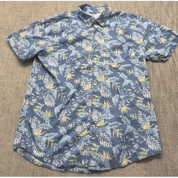 IZOD‎ Saltwater men's blue tropical print button up shirt XL 100% Cotton pocket