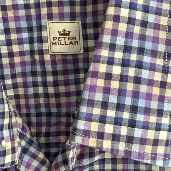 Peter Millar Men’s Purple Blue Gingham Print Long Sleeve Button Down Shirt Large