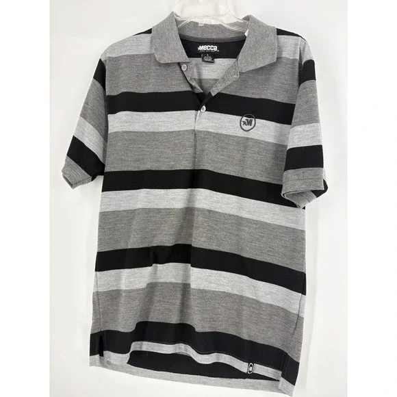 Mecca‎ Mens Gray Black Striped Short Sleeve Polo Shirt Size S Casual
