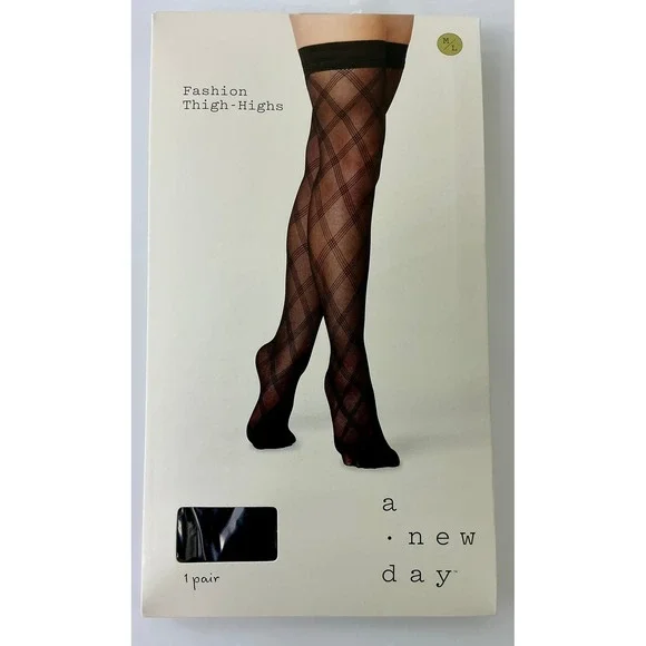 A New Day Fashion Thigh Highs M/L Black Diamond Pattern Sheer‎ Hosiery
