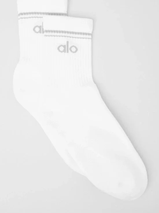ALO Yoga White Crew Socks with Light Gray Logo Stripe