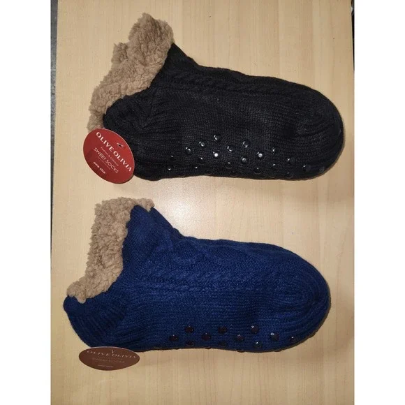 Olive Olivia Fuzzy Sweet Socks 2 Pair-Black & Navy Blue- One Size-NEW‎