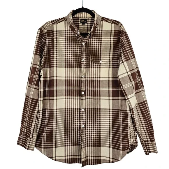 LL Bean Men's Large Brown‎ Cream Plaid Button Down Cotton Shirt Long Sleeve