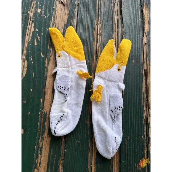 Novelty Cockatiel Bird Knit Socks‎ White Yellow 3D Wing Crest Animal Crew Socks