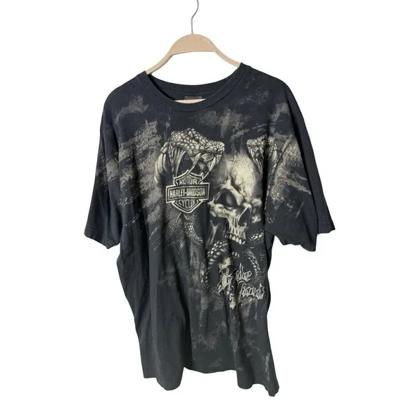 Vintage AOP vy2k Harley Davidson Ride‎ Hard Snake Skull graphic t-shirt sz XL