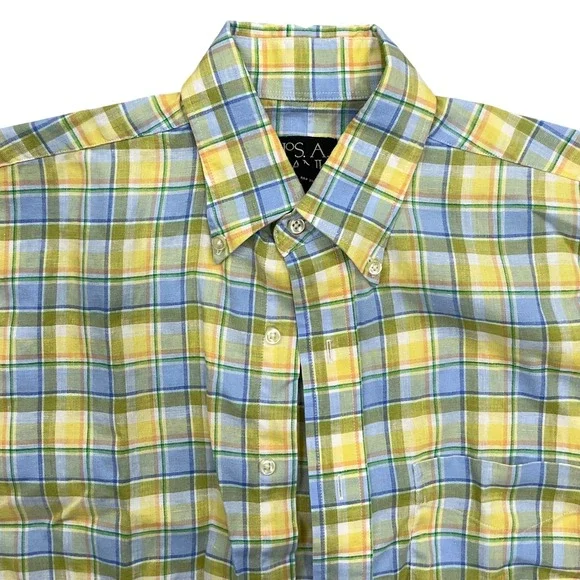 Jos. A. Bank Shirt Men S Yellow Blue Plaid Linen Camp Summer Traveler Beach‎