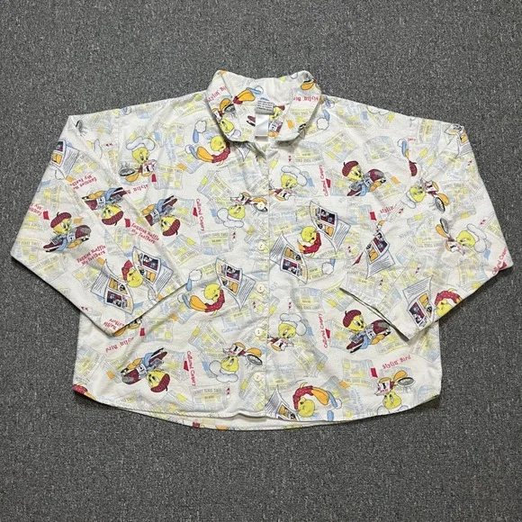 Vintage Y2K 2000‎ Looney Tunes Tweety Bird All Over Print Button Up Shirt