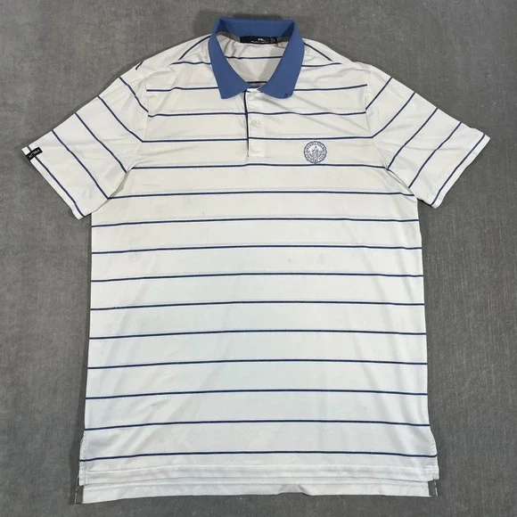 RLX Ralph Lauren Mens Large Blue White Stripe Golf Polo‎ Shirt Athleisure