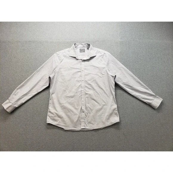 Michael Kors Men Shirt XL Blue‎ White Micro Print Slim Fit Long Sleeve Button Up