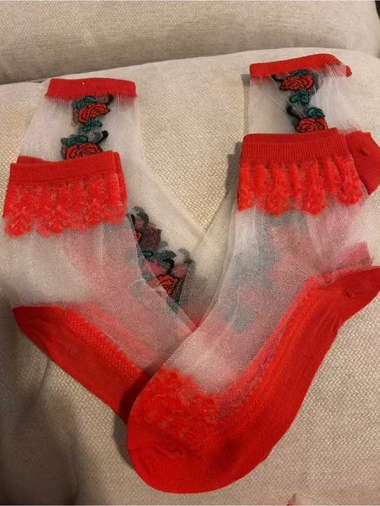 Sheer Red Ankle Socks with Embroidered Rose Trim