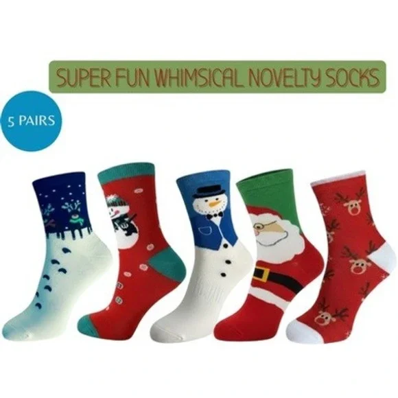 Novelty Christmas Knit Socks 5.5-8.5 US Holiday Unisex Soft Reindeer 5 Pk NEW