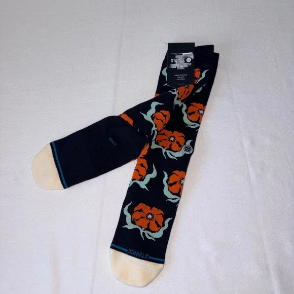 Stance Broadcast Floral Crew Socks Black Orange Large BLK NEW‎