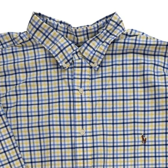 Ralph Lauren Men 4XLT Plaid Button Down Shirt Yellow Blue Check Long Sleeve Pony
