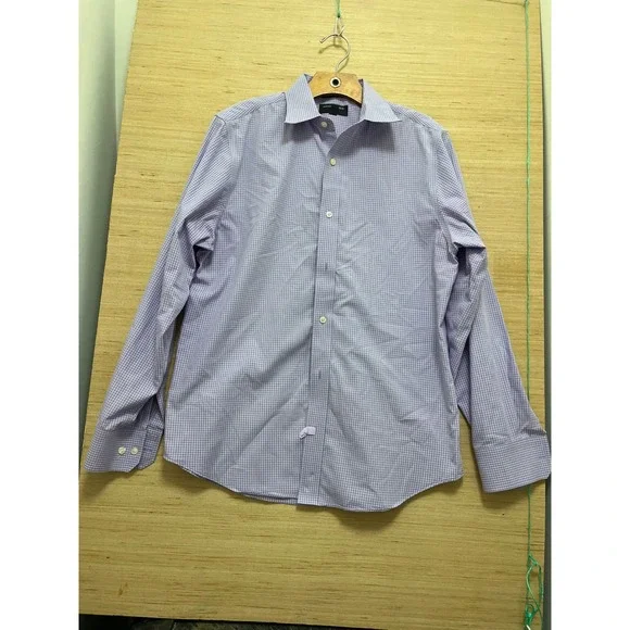 Banana Republic Mens‎ Slim Fit Non Iron Gingham Dress Shirt Purple White 15-15.5