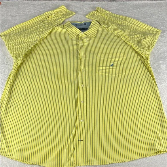 Nautica Men's 2XL Yellow and Blue Striped 100%Cotton Button Down‎ Shirt
