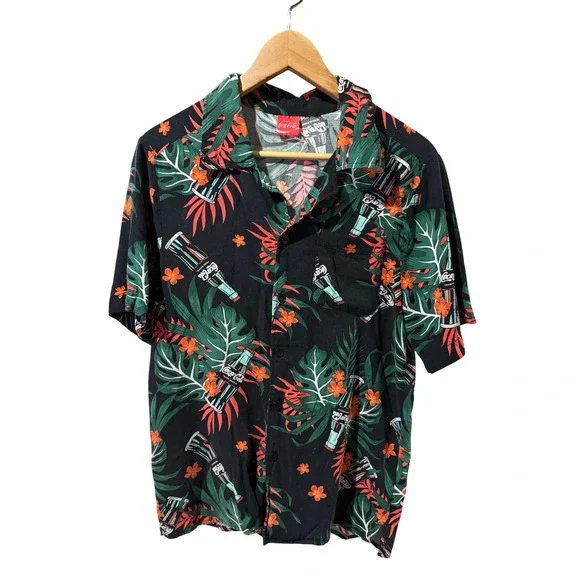 Coca-Cola Mens Tropical Hawaiian Shirt Black Floral Glass Bottle Print Short Slv