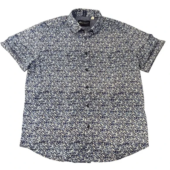 Robert Graham Modern Americana Floral‎ Shirt XL Blue Tailored Fit Short Sleeve