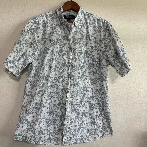 Ezekiel Button-Down Short Sleeve Shirt Mens Large‎ White Blue Floral Classic