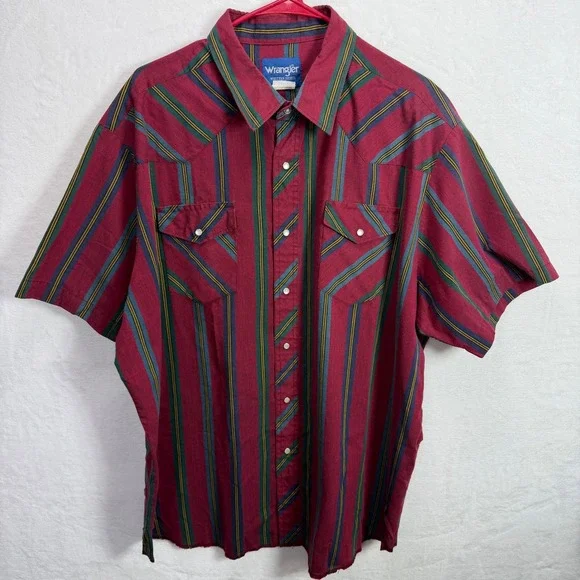 VTG Wrangler Mens XXL 2XL‎ Stripe Pearl Snap Shirt Short Sleeve Burgundy Green