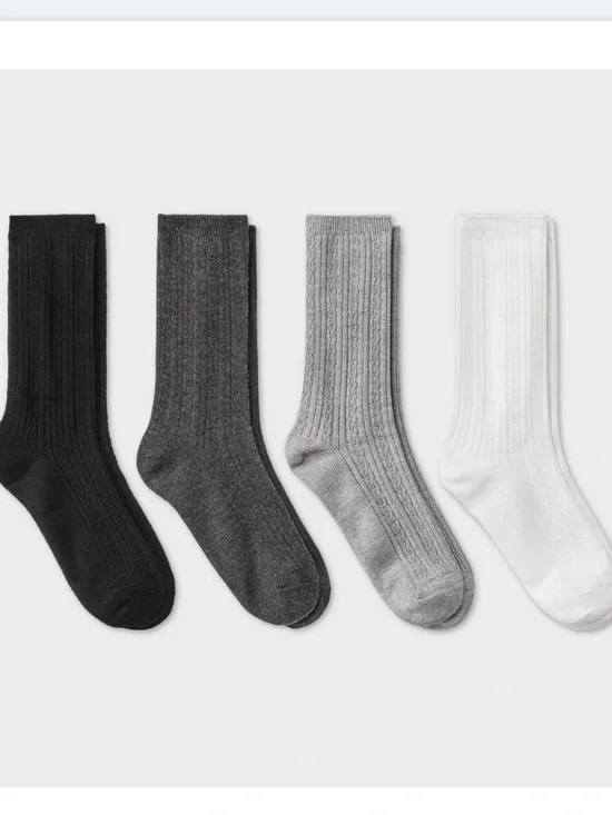 Auden Women's Ribbed Crew Socks 4-Pack - Black, Charcoal, Light Gray, White