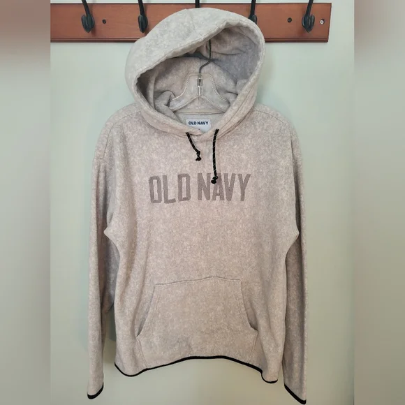 Old Navy Men Medium Logo‎ Fleece Hoodie Sweatshirt Embroidered Gray Cream Pocket