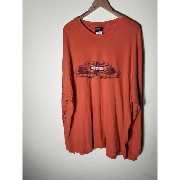 Vintage Harley-Davidson Shirt Mens 3XL Orange Woodstock IL Flames‎ Long Sleeve