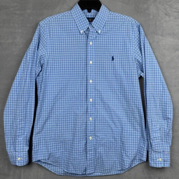 Ralph Lauren Mens Plaid Button Down Shirt Long Sleeve Blue White Size M‎ Pony
