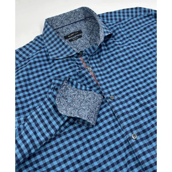 Bugatchi Men's L Shaped Fit Cotton Blue Plaid Long Sleeve Flip Cuff Dress Shirt‎