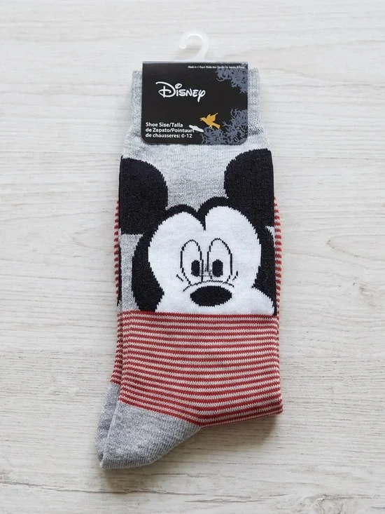 New Disney Mickey Mouse Striped Crew Socks Grey Red NWT